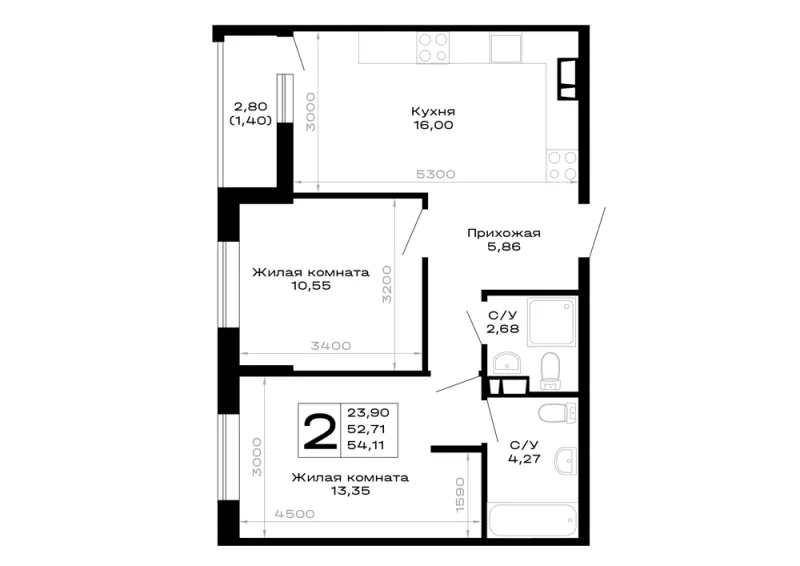 2-комн. 54.1 м²