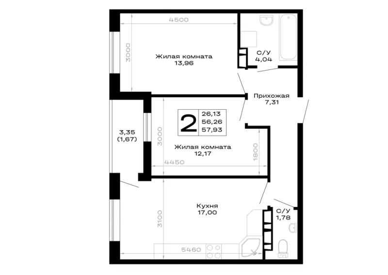 2-комн. 57.9 м²