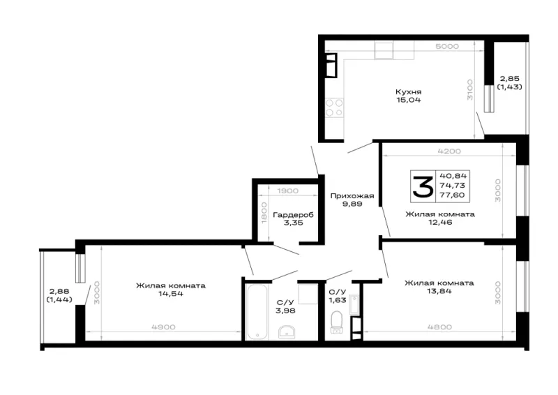3-комн. 77.6 м²