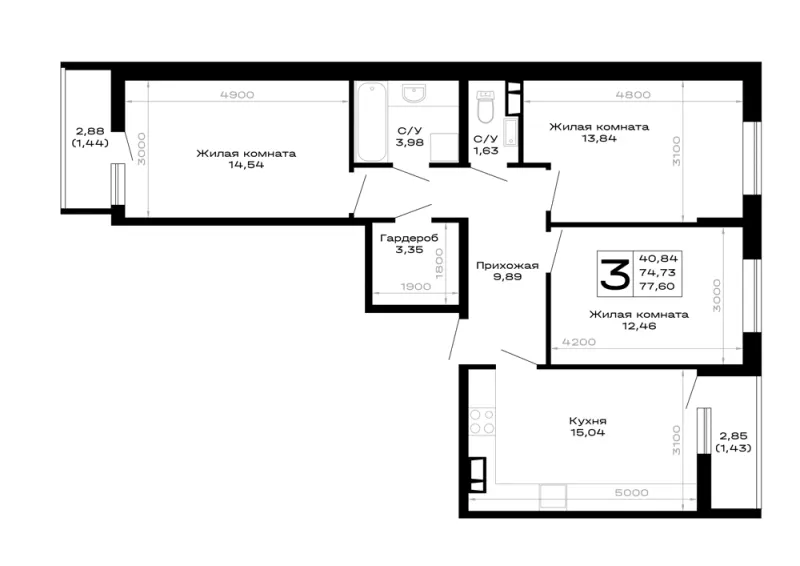 3-комн. 77.6 м²