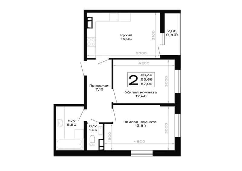 2-комн. 57.1 м²