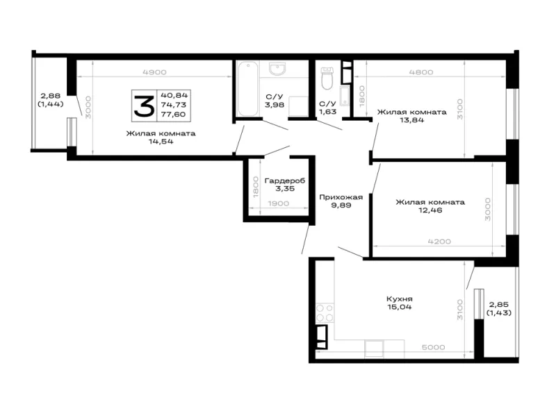 3-комн. 77.6 м²