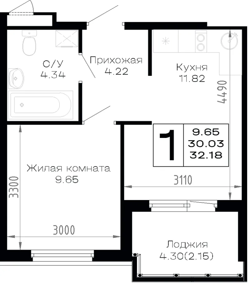 1-комн. 32.2 м²