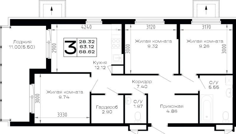 3-комн. 68.6 м²