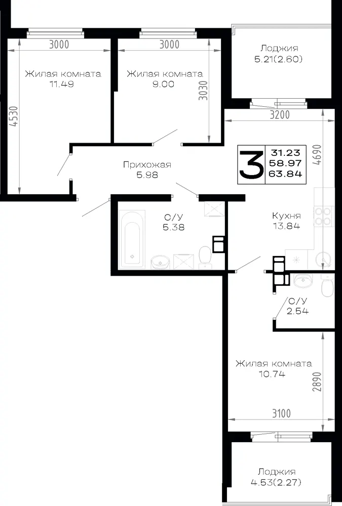 3-комн. 63.8 м²
