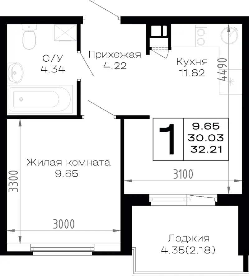 1-комн. 32.2 м²