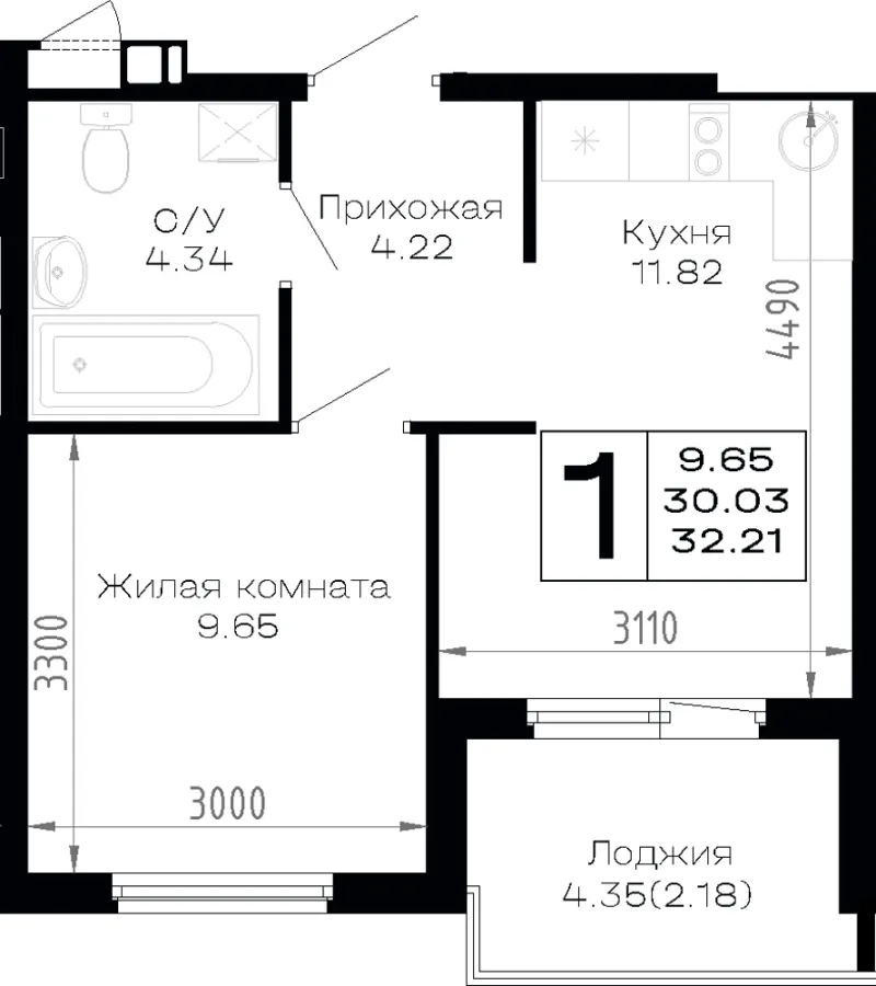 1-комн. 32.2 м²