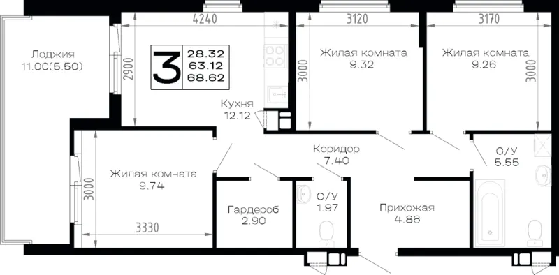 3-комн. 68.6 м²