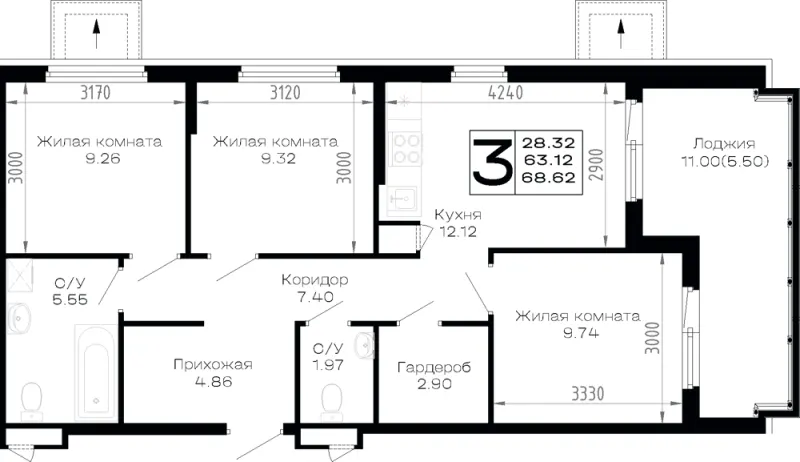 3-комн. 68.6 м²