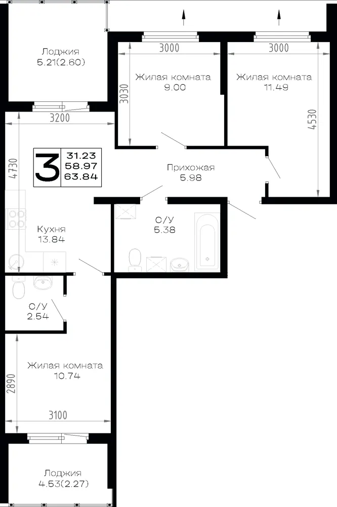 3-комн. 63.8 м²