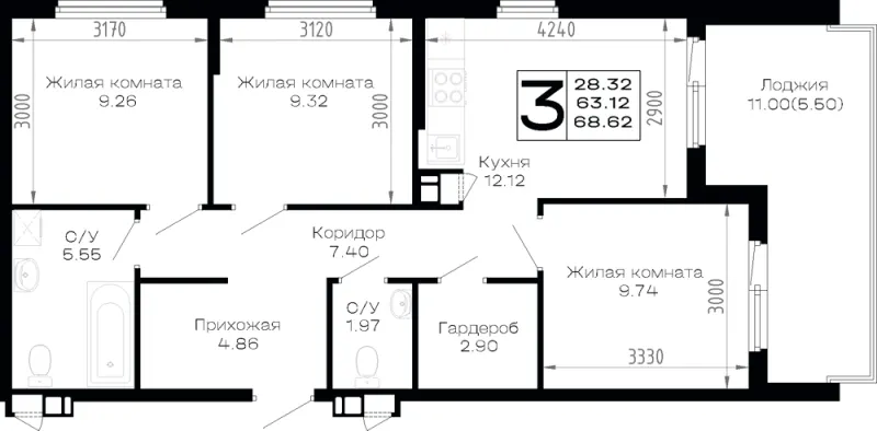 3-комн. 68.6 м²