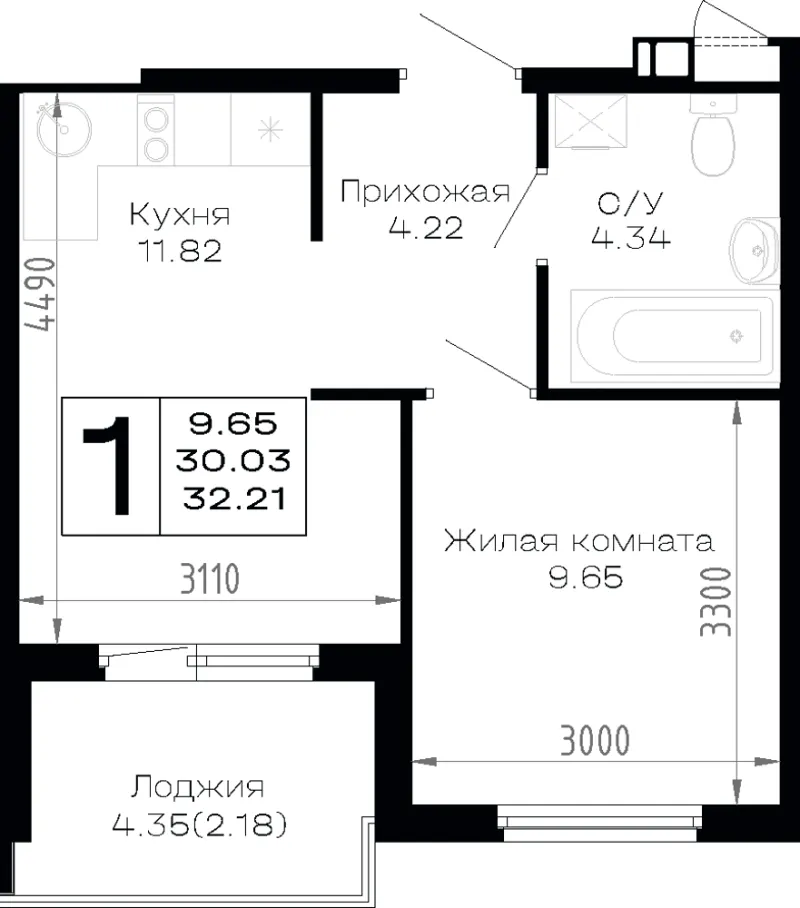 1-комн. 32.2 м²
