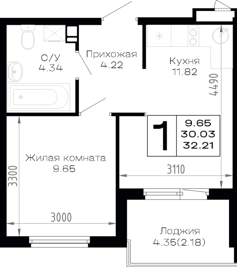 1-комн. 32.2 м²