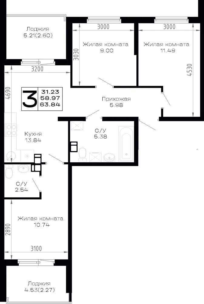 3-комн. 63.8 м²
