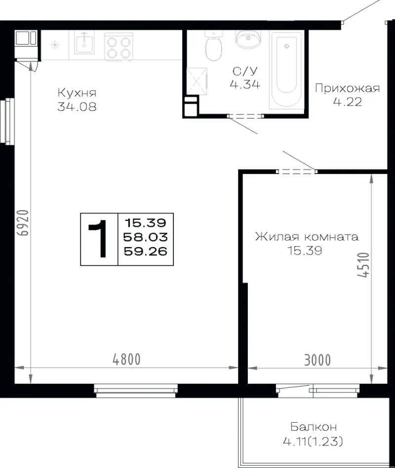 1-комн. 59.3 м²