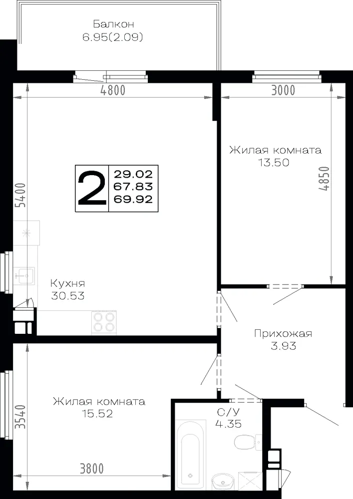 2-комн. 69.9 м²