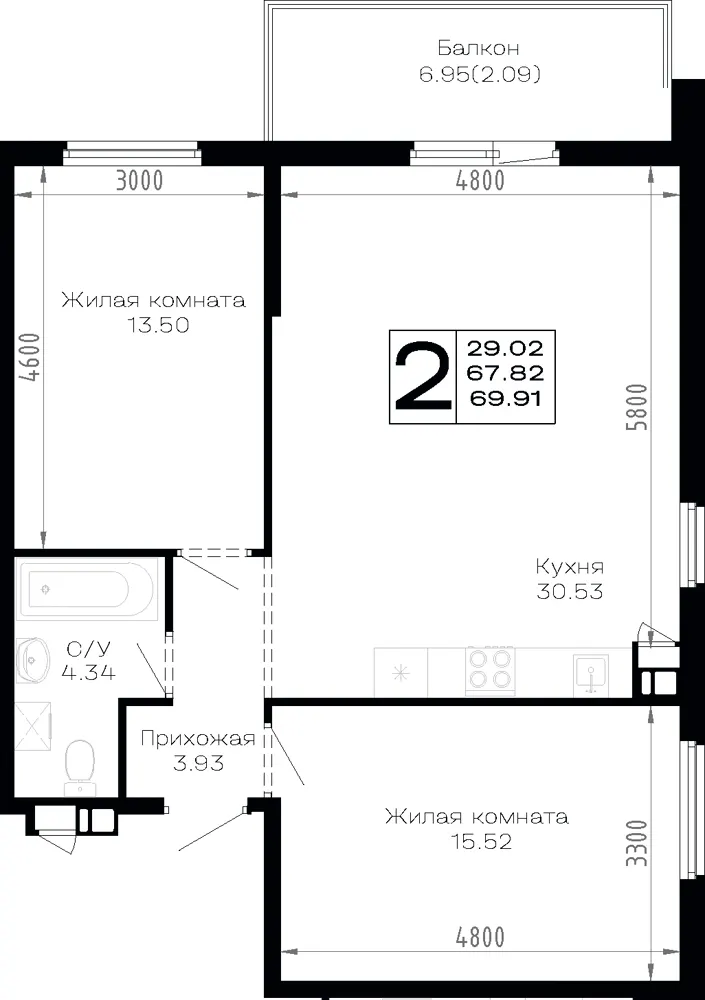 2-комн. 69.9 м²