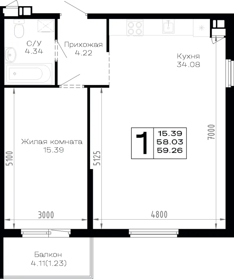 1-комн. 59.3 м²