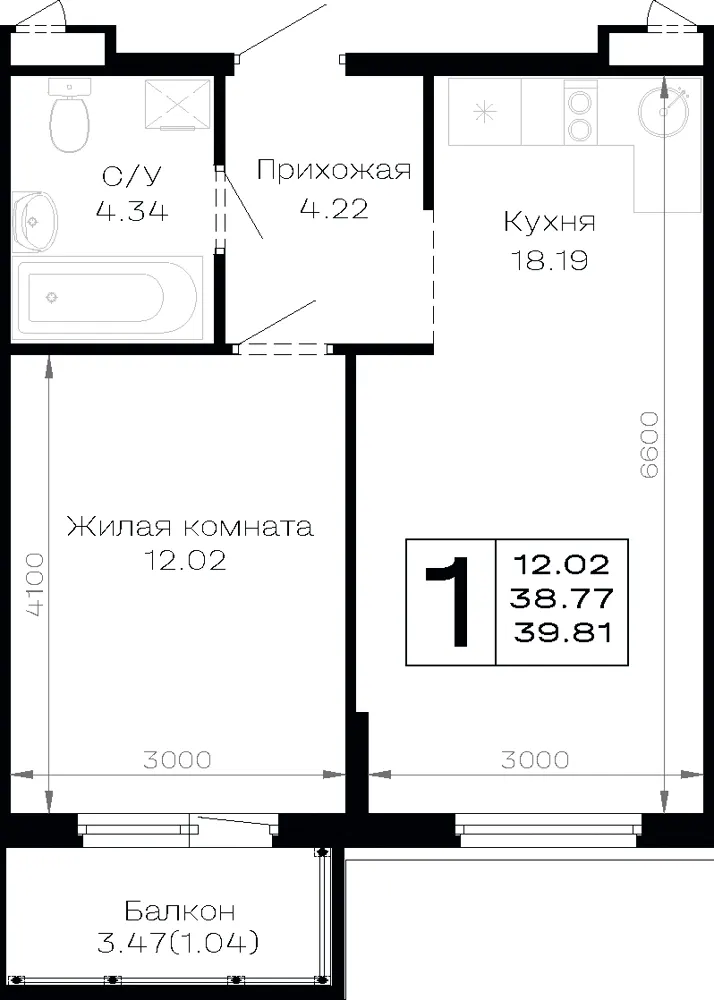 1-комн. 39.8 м²