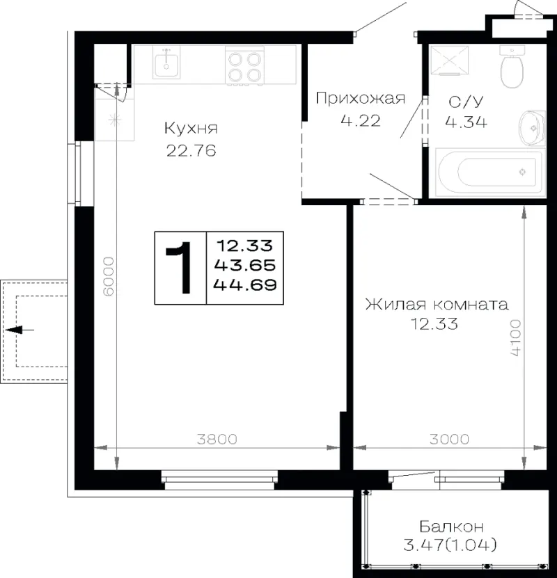 1-комн. 44.7 м²