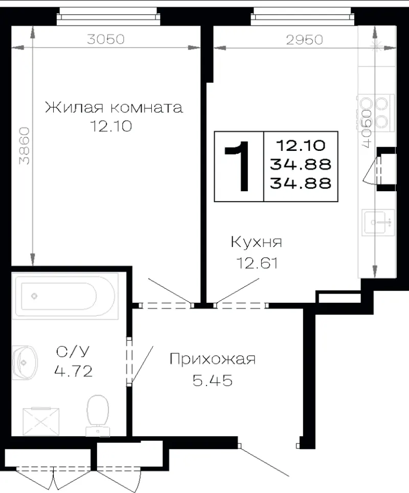 1-комн. 34.9 м²