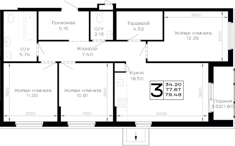 3-комн. 79.5 м²
