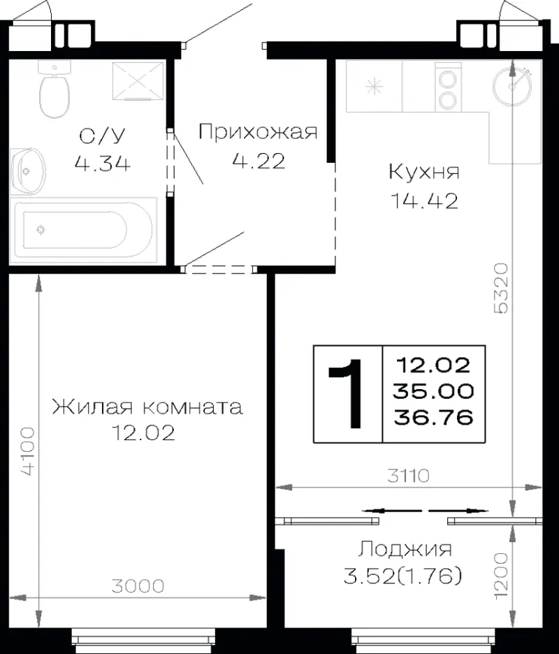 1-комн. 36.8 м²