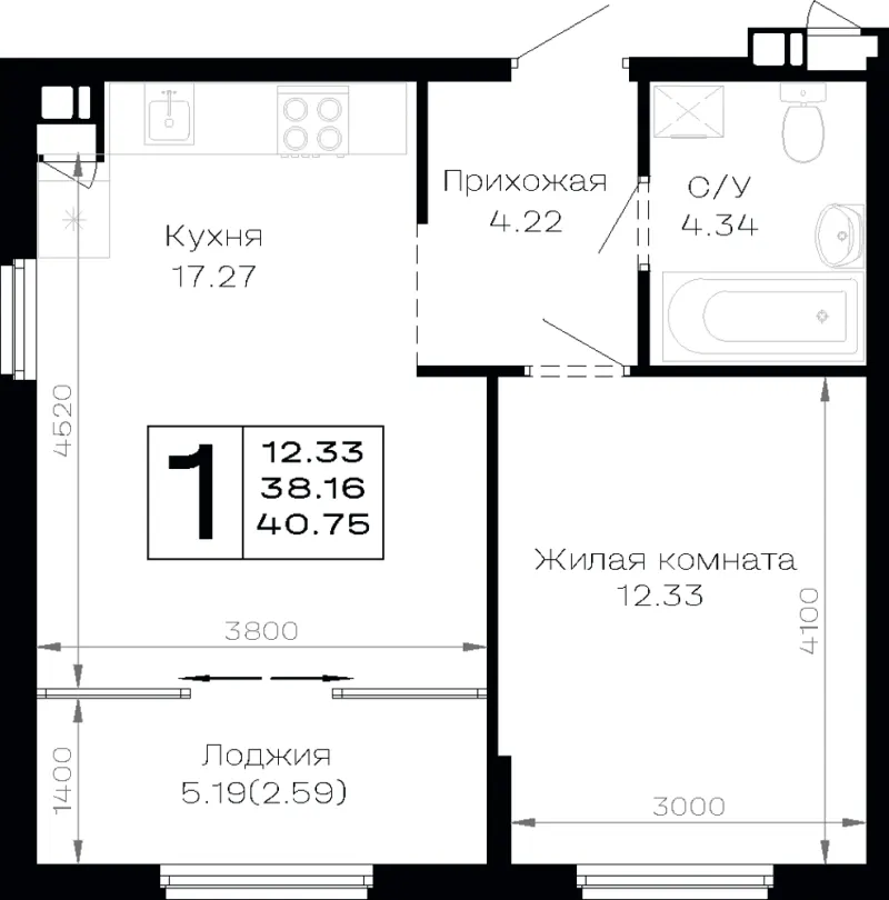 1-комн. 40.8 м²