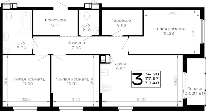 3-комн. 79.5 м²
