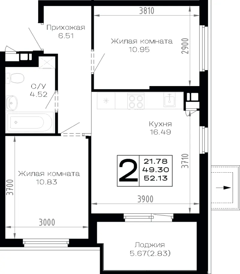 2-комн. 52.1 м²