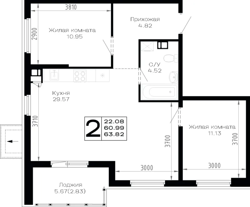 2-комн. 63.8 м²