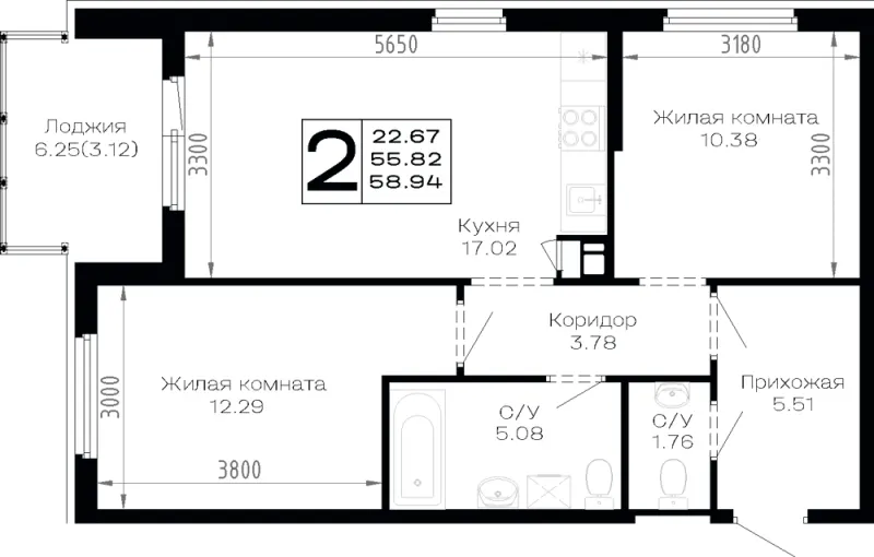 2-комн. 58.9 м²