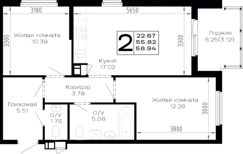 2-комн. 58.9 м²
