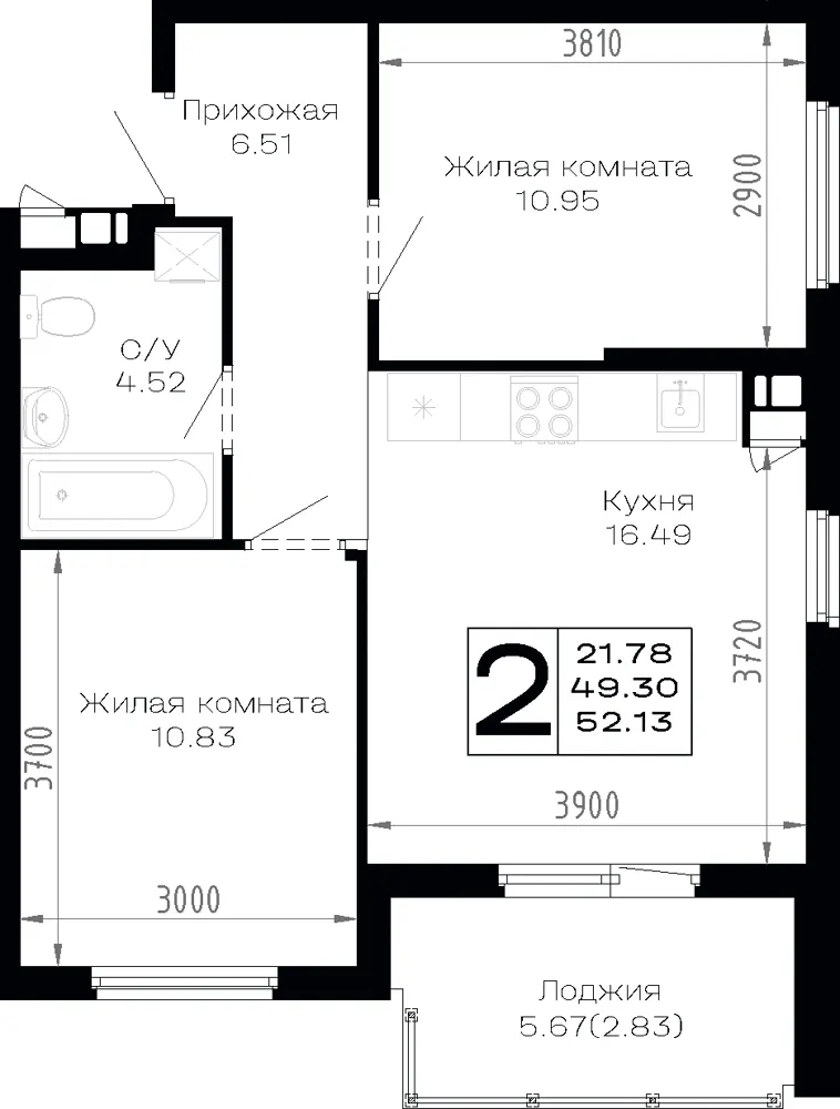 2-комн. 52.1 м²