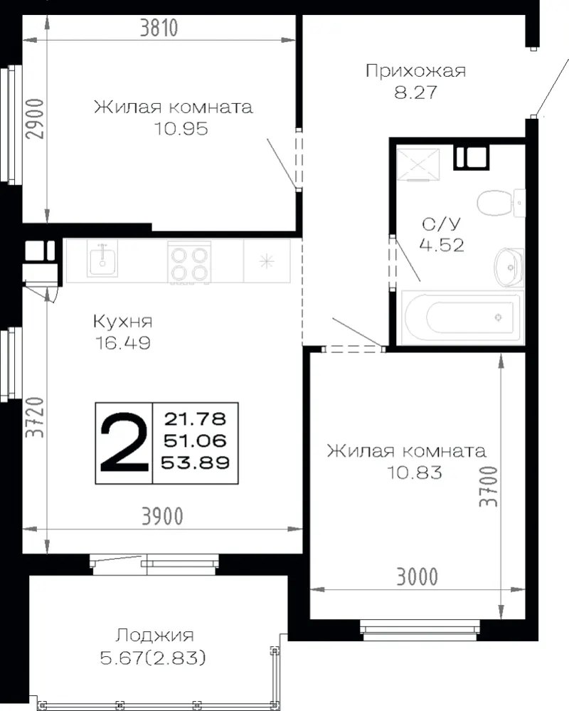 2-комн. 53.9 м²