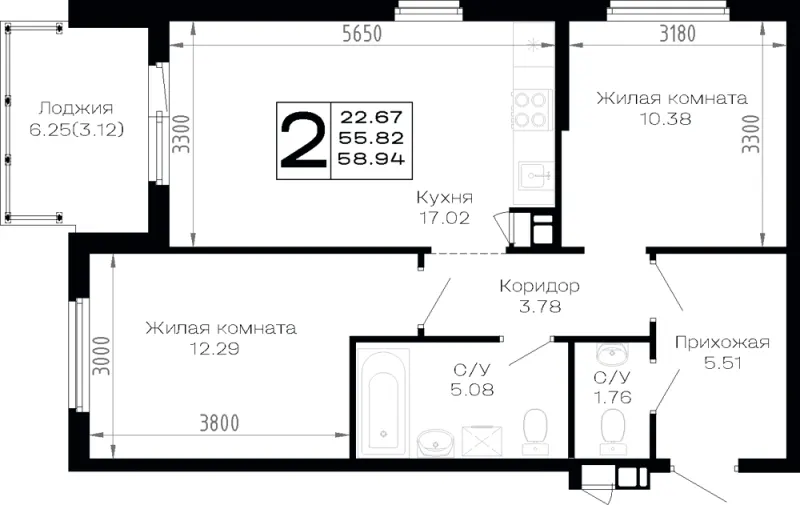 2-комн. 58.9 м²