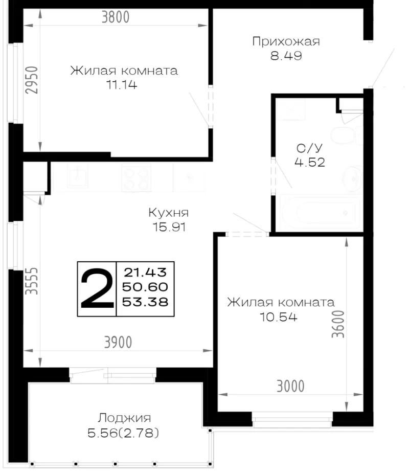2-комн. 53.4 м²
