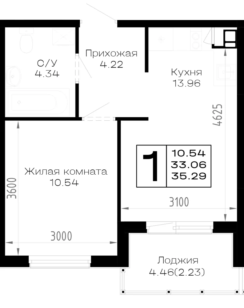 1-комн. 35.3 м²