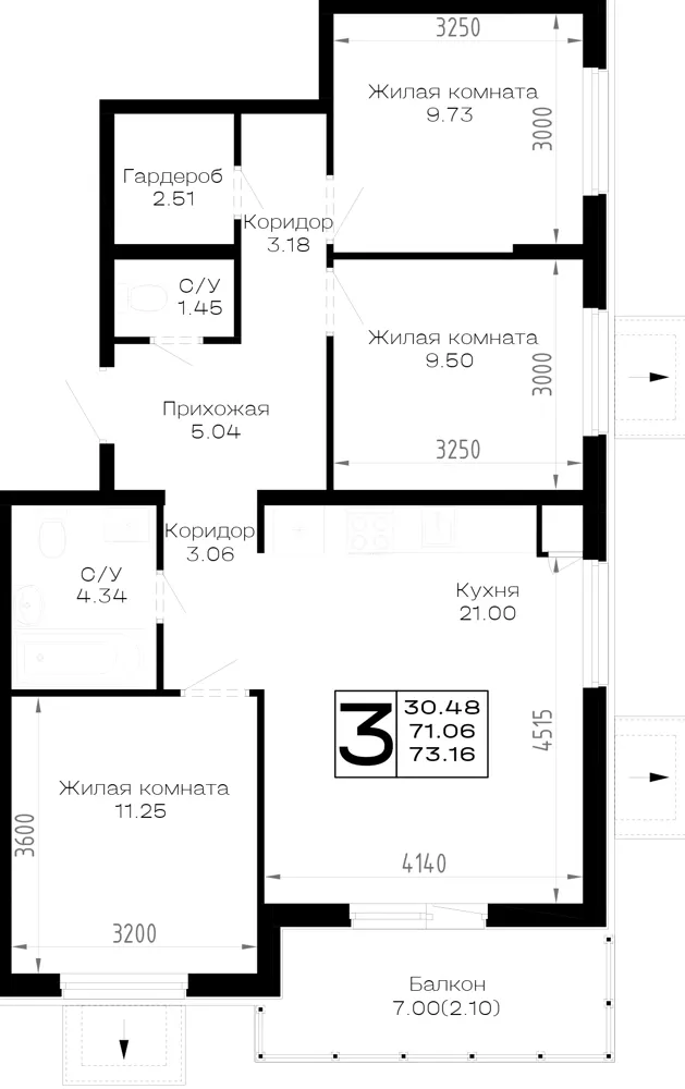 3-комн. 73.2 м²