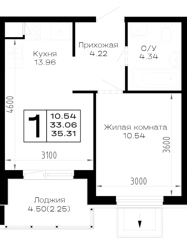 1-комн. 35.3 м²