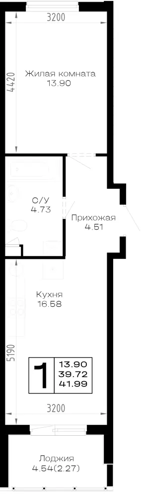 1-комн. 42 м²