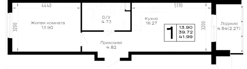 1-комн. 42 м²