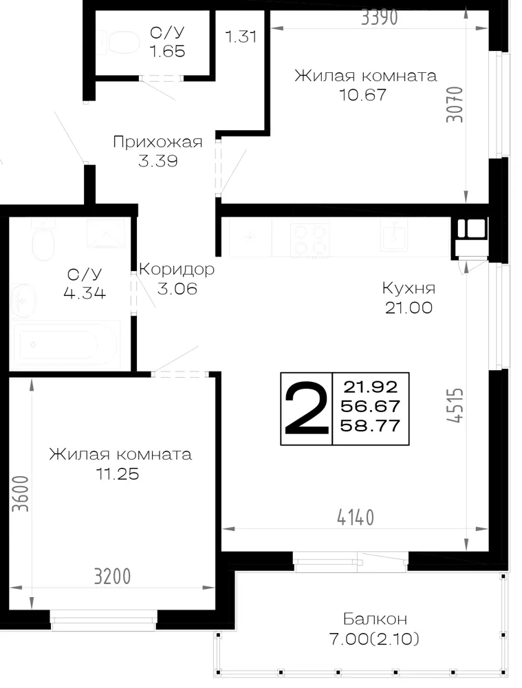 2-комн. 58.8 м²
