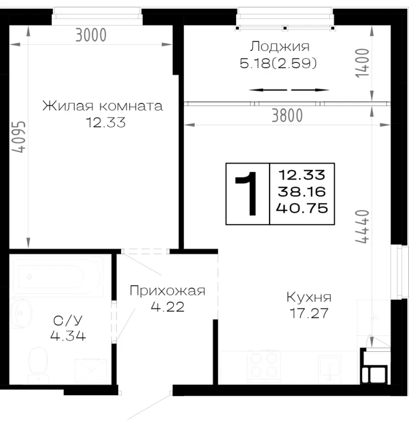 1-комн. 40.8 м²