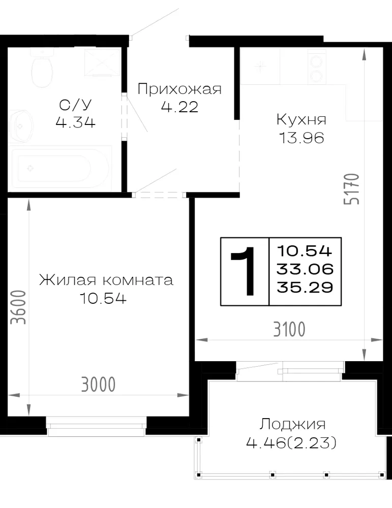 1-комн. 35.3 м²