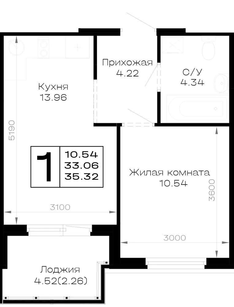 1-комн. 35.3 м²