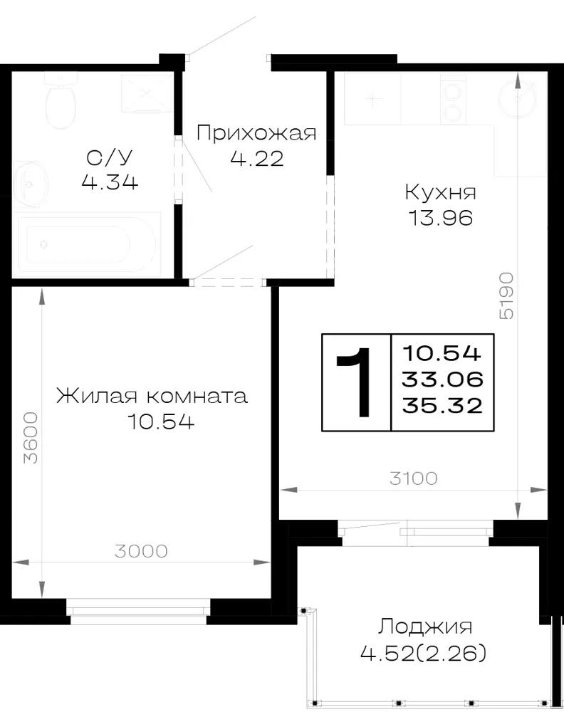 1-комн. 35.3 м²