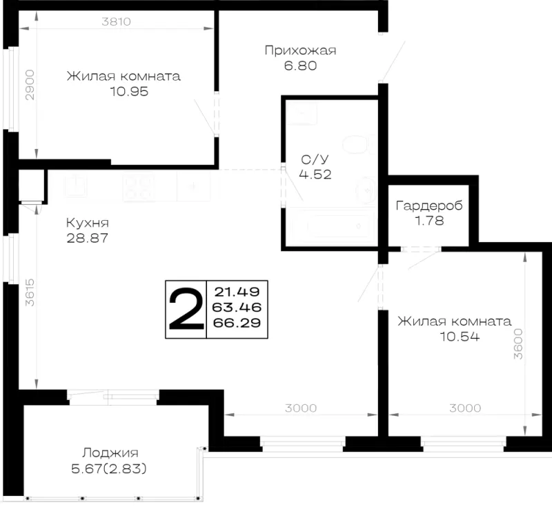 2-комн. 66.3 м²