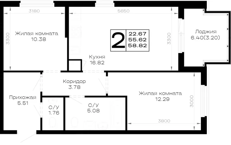 2-комн. 58.8 м²