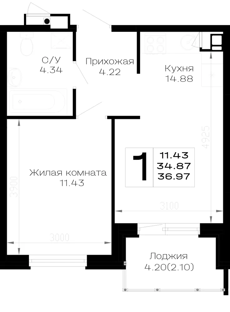 1-комн. 37 м²